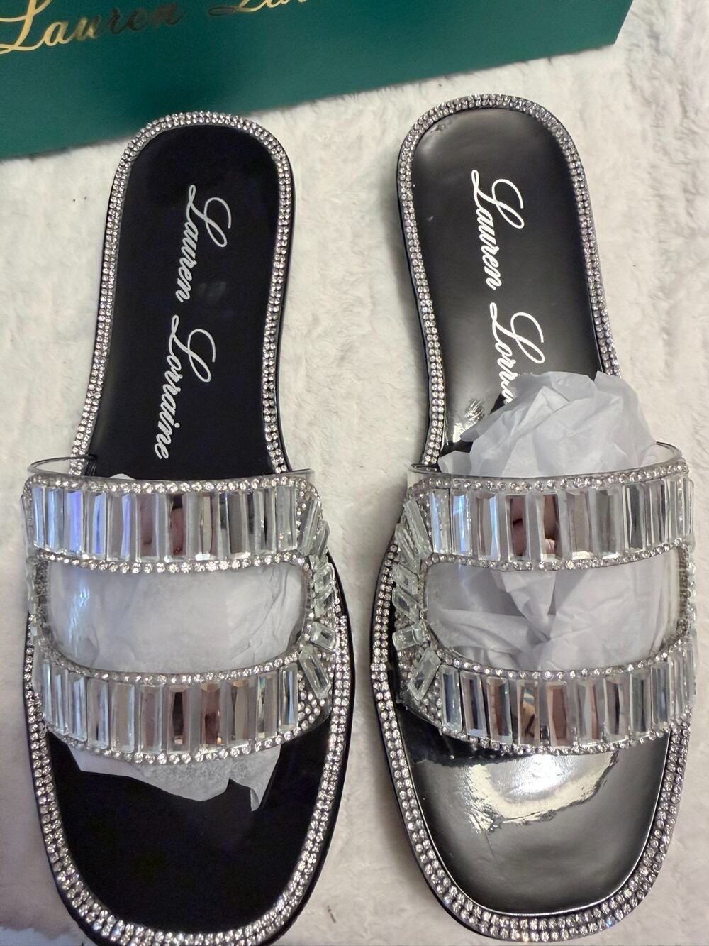 Womens Size 6.5 Lauren Lorraine Jane Jelly Black Rhinestones Slip On Slides New